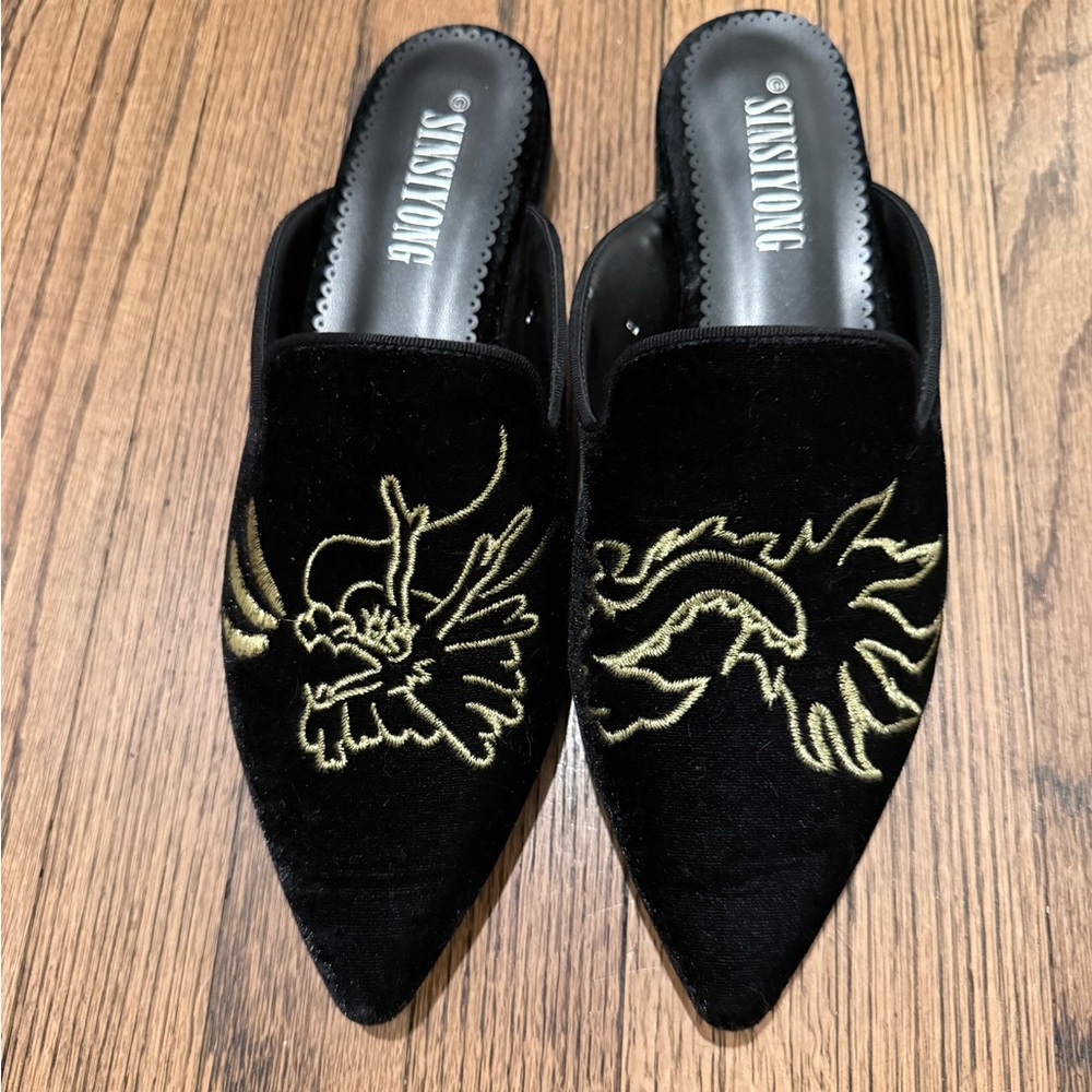 Black and Gold Embroidered Women's Mules or Slippers